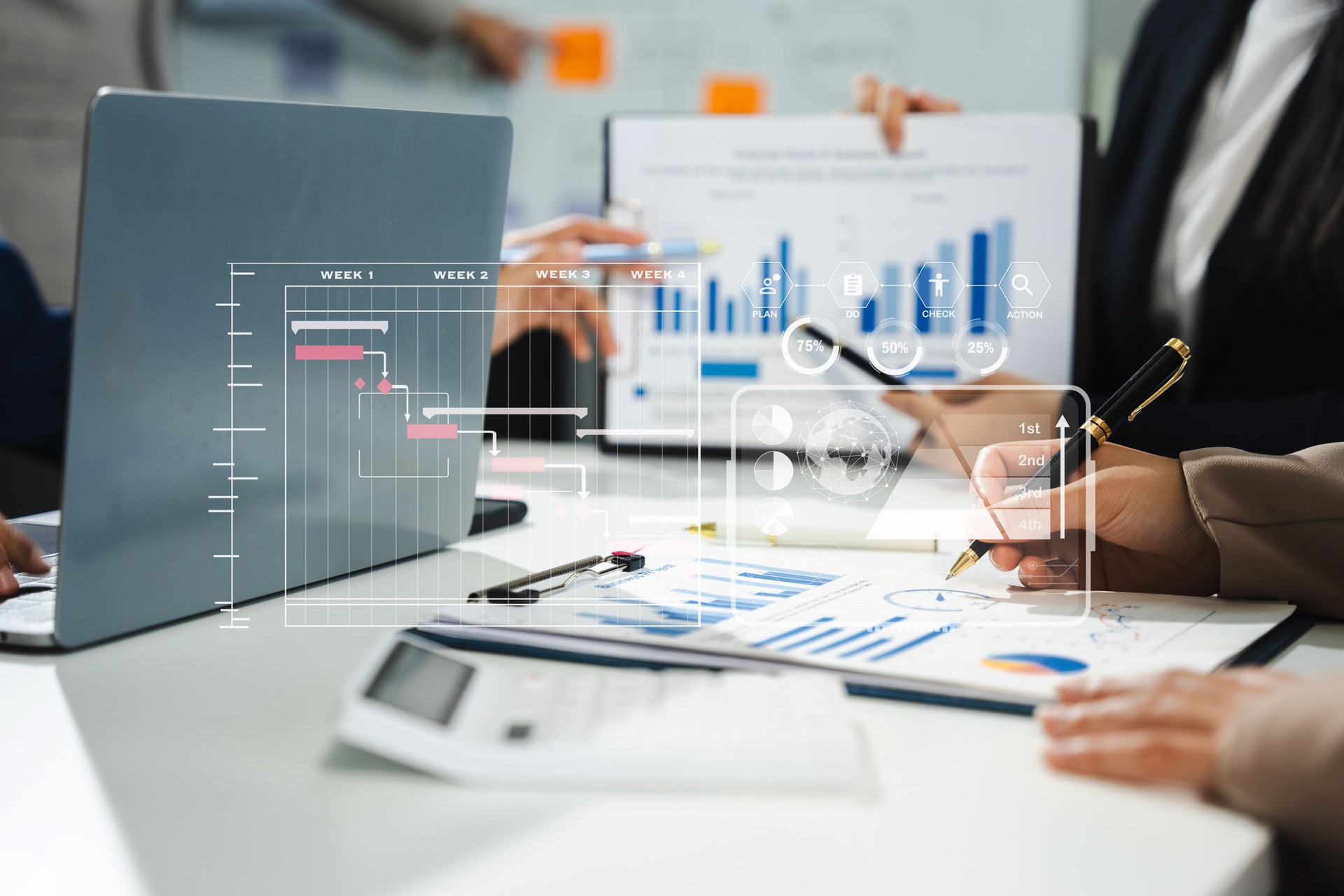 Project manager working and update tasks with milestones progress planning and professional investor working new start up project in the office